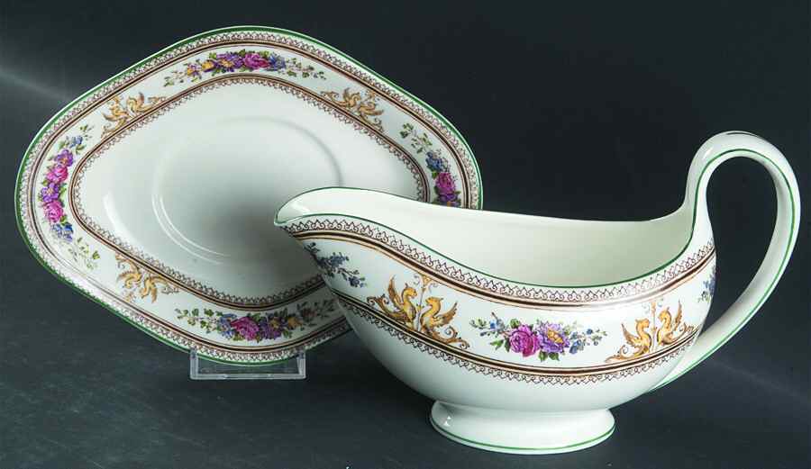 Columbia White (No Medallion, Green Trim) Gravy Boat & Underplate by Wedgwood-1