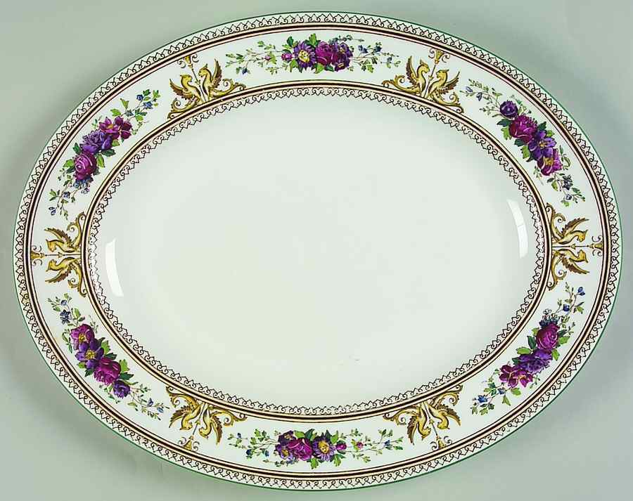 Columbia White (No Medallion, Green Trim) 13" Oval Serving Platter by Wedgwood-1