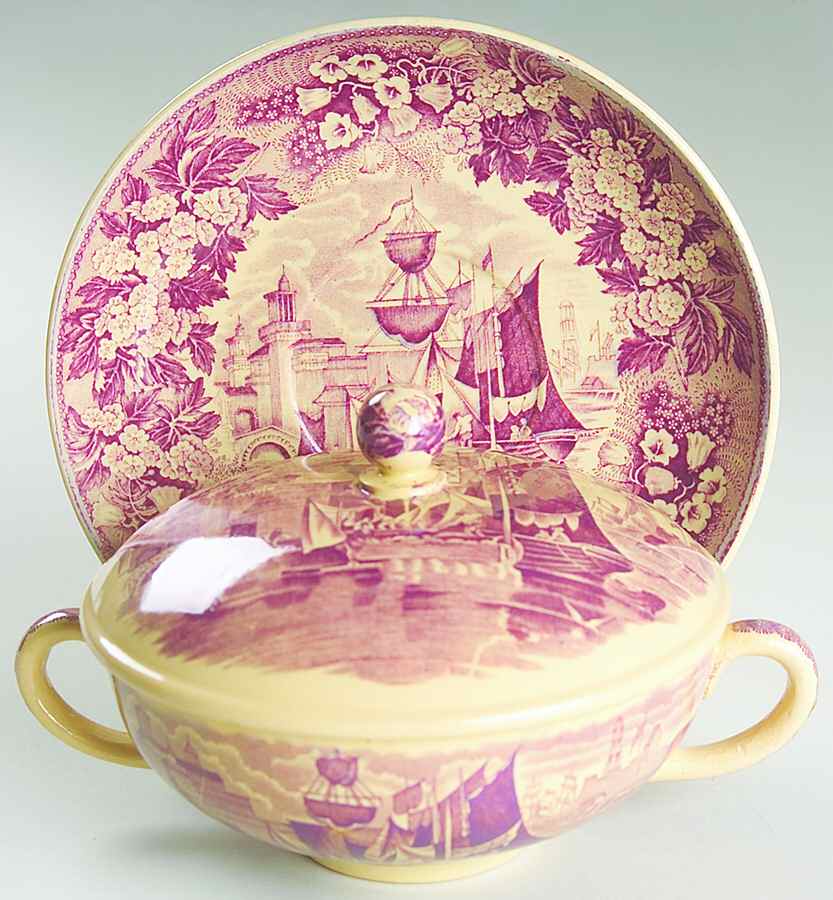 Ferrara Plum (Tan Body, No Trim) Cream Soup Bowl & Saucer Set with Lid by Wedgwood-1