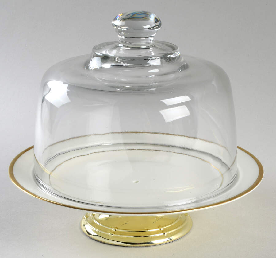Majesty Gold 6 1/2"-7 1/2" Footed Cheese Plate w/ Glass Dome HC by Wedgwood-1