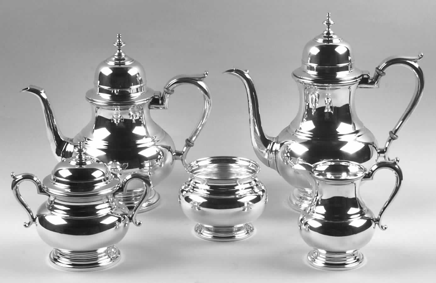 Exemplar-Bancker (Sterling Hollowware) 5 Piece Tea Set (SCP, STP, SCR, SSU, SWB) by Wallace Silver-1