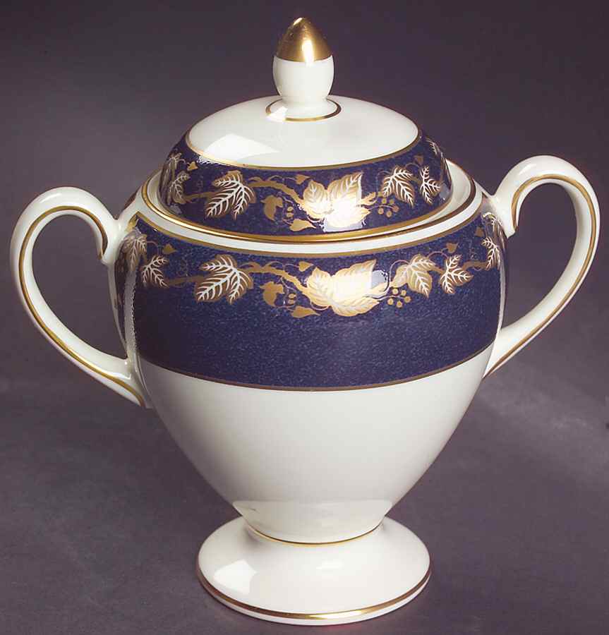 Whitehall 2000 (Powder Dark Blue Rim) Globe Shape Sugar Bowl & Lid by Wedgwood-1