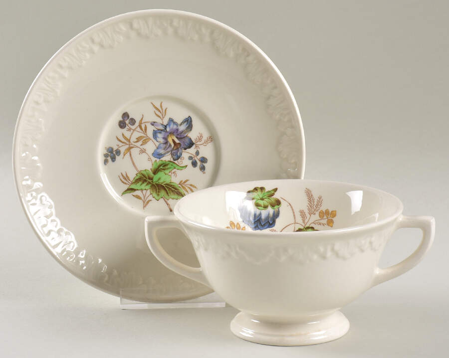 Hampton Court (Cream Rim) Footed Cream Soup Bowl & Saucer Set by Wedgwood-1