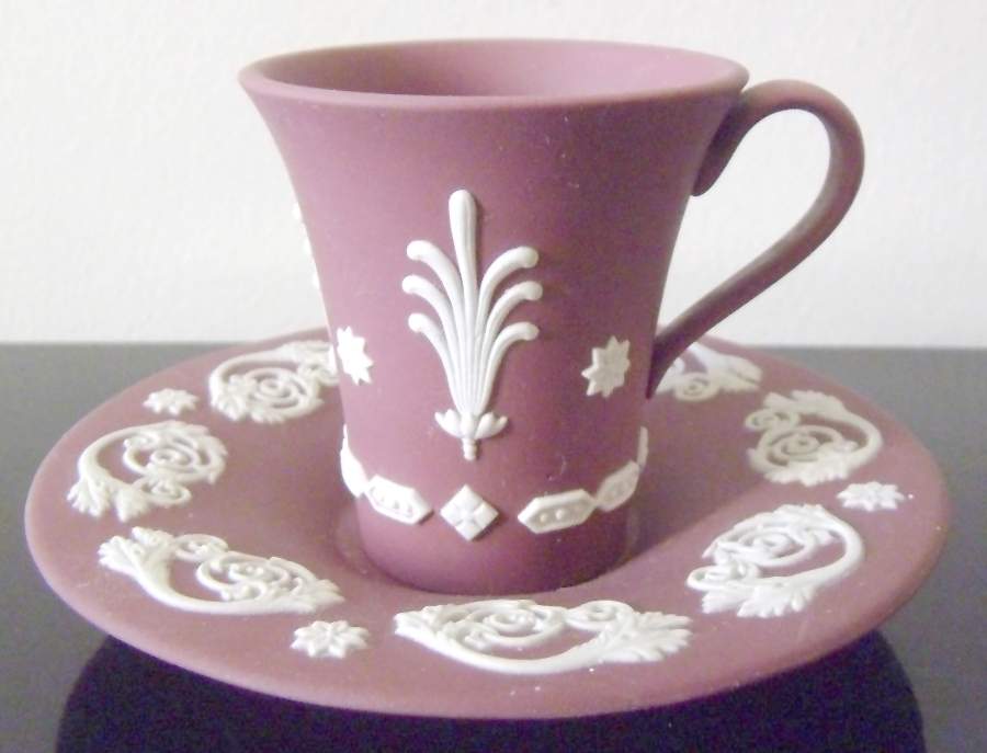 Cream Color on Wine Jasperware Flat Demitasse Cup & Saucer Set by Wedgwood-1