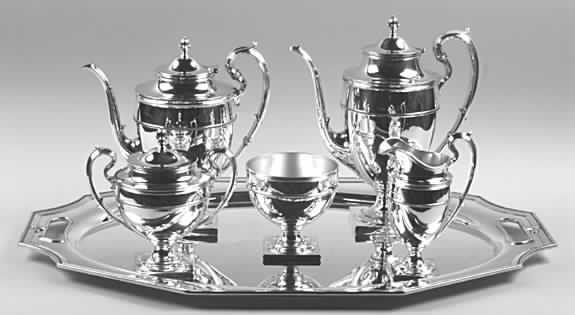 King Albert (Sterling, Hollowware) 6 Piece Tea Set (SCP, STP, SCR, SSU, SWB, WTL) by Whiting Manf Co-1
