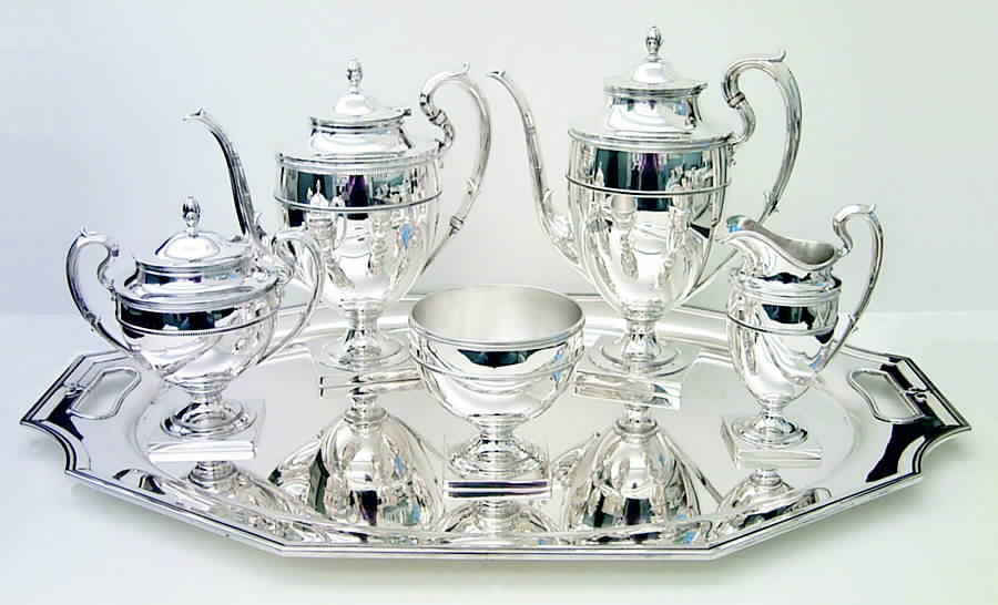 King Albert (Sterling, Hollowware) 5 Piece Tea Set (SCP, STP, SCR, SSU, SWB) by Whiting Manf Co-1