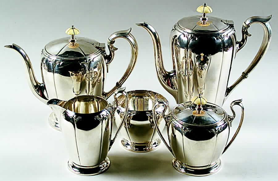 Lotus (Sterling, Hollowware) 5 Piece Tea Set (SCP, STP, SCR, SSU, SWB) by Wallace Silver-1