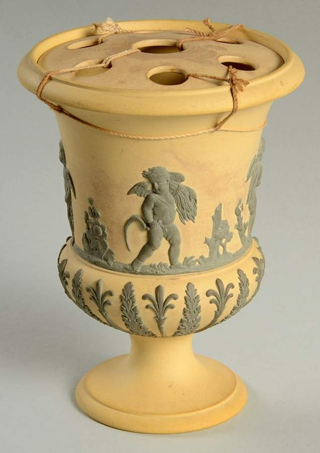 Drab Green on Cane Vase & Frog/Grid by Wedgwood-1