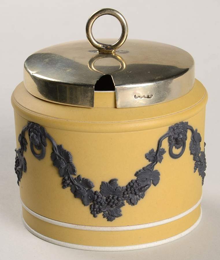 Black On Cane Jasperware Sugar Bowl & Metal Lid by Wedgwood-1
