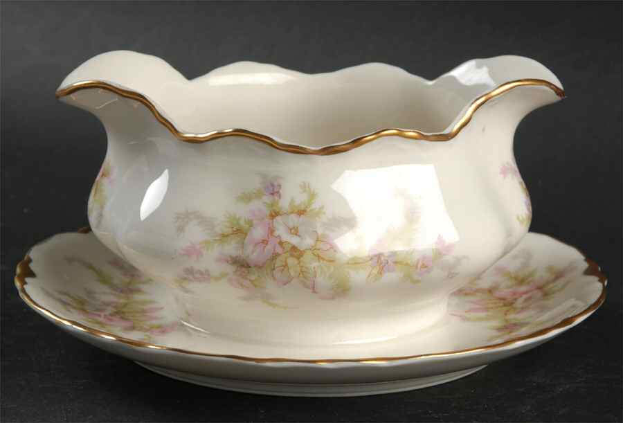 Apple Blossom (Gold Trim & Daubs) Gravy Boat with Attached Underplate by Warwick-1