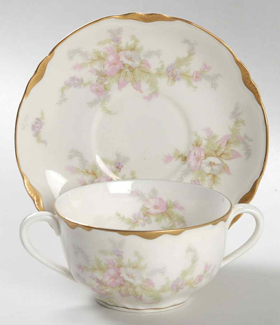 Apple Blossom (Gold Trim & Daubs) Flat Bouillon Cup & Saucer by Warwick-1