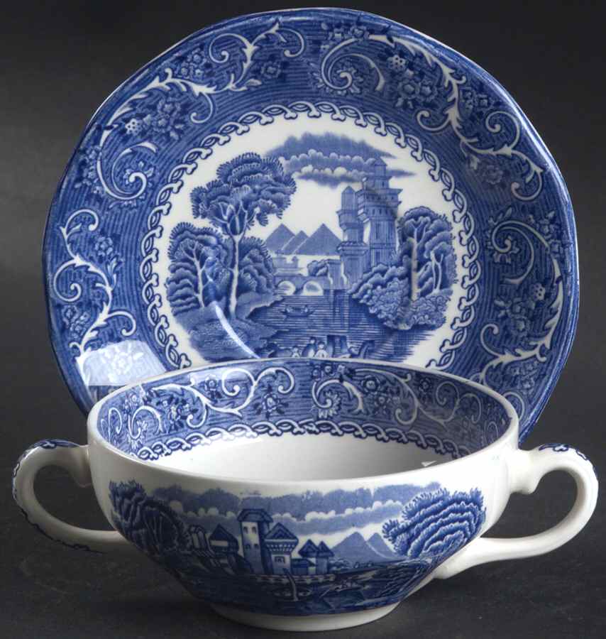 River Scene Blue (Scallop) Flat Cream Soup Bowl & Saucer Set by Wedgwood-1