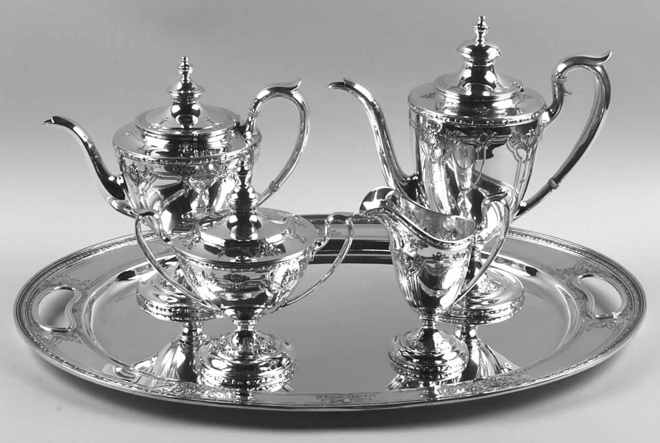 Navarre (Sterling, 1908, Hollowware) 5 Piece Tea Set (SCP, STP, SCR, SSU, WTL) by Watson-1