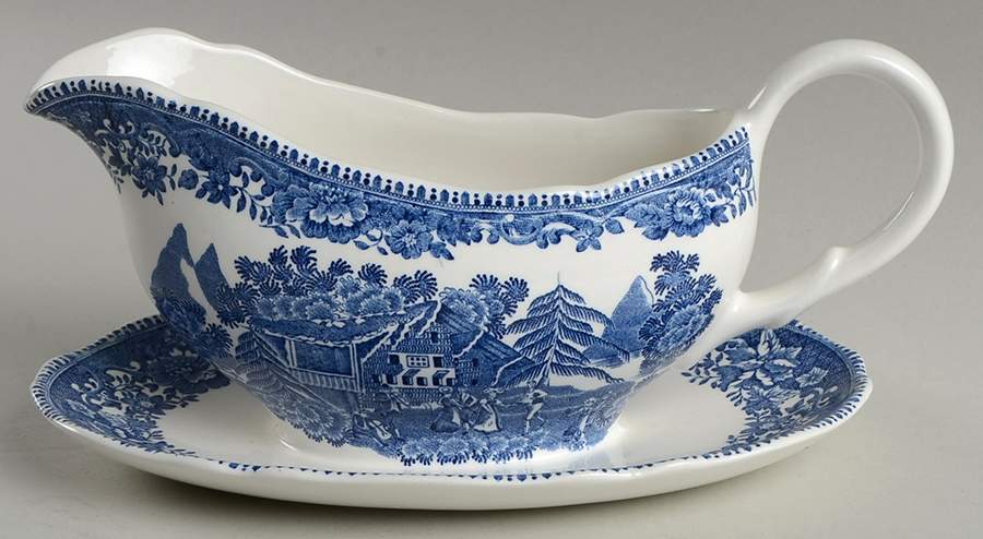 Avon Cottage Blue (Scallop) Gravy Boat with Attached Underplate by Wedgwood-1