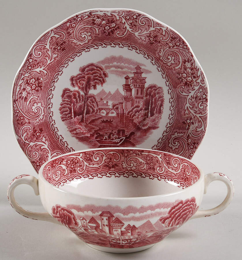 River Scene Red Flat Cream Soup Bowl & Saucer Set by Wedgwood-1