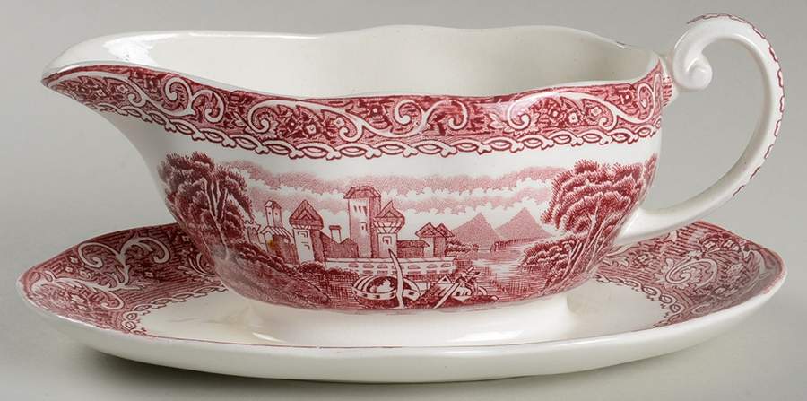 River Scene Red Gravy Boat with Attached Underplate by Wedgwood-1