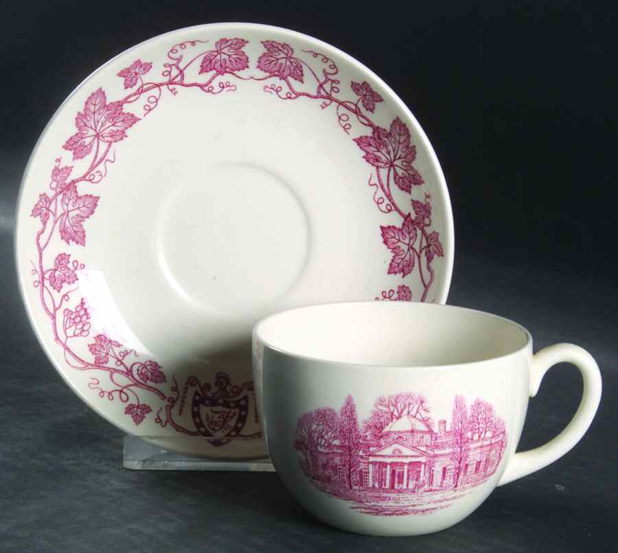Monticello Pink (Grapevine Rim) Flat Cup & Saucer Set by Wedgwood-1