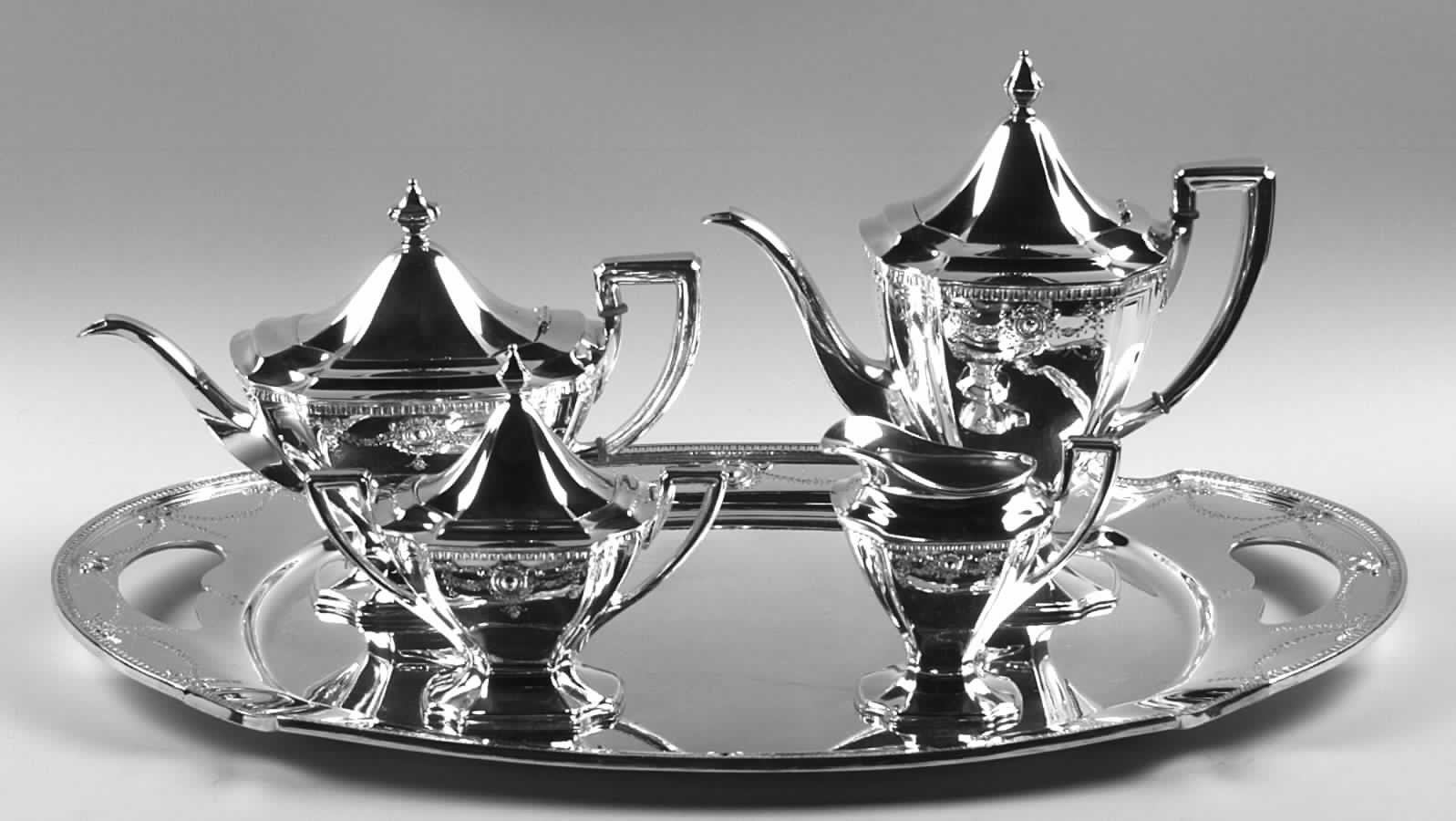 Adam (Silverplate, 1914, Hollowware) 5-Piece Silverplate Tea Set (with Tray) by WD Smith Silver-1
