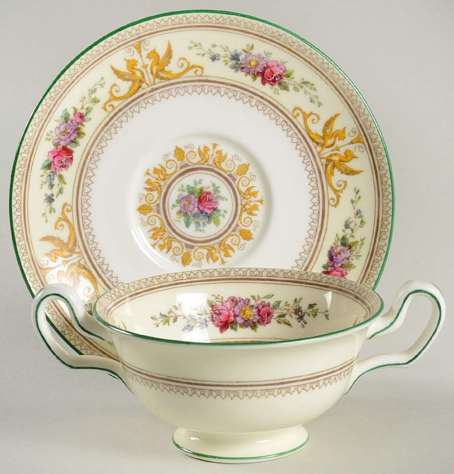 Columbia White (Ivory Rim, Yellow Griffons Footed Cream Soup Bowl & Saucer Set by Wedgwood-1