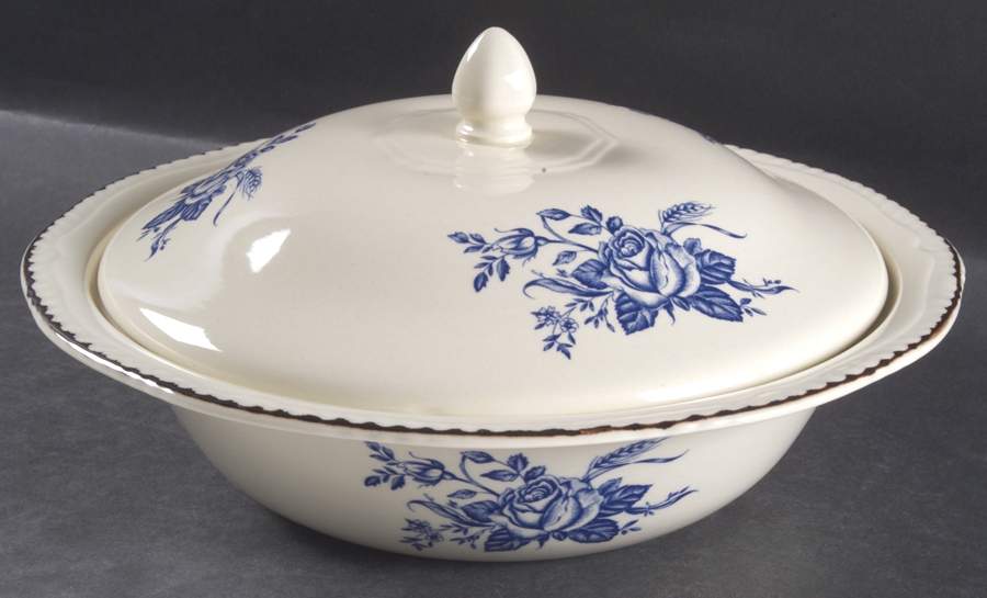 Colonial Rose Blue Round Covered Vegetable by Wood & Sons-1