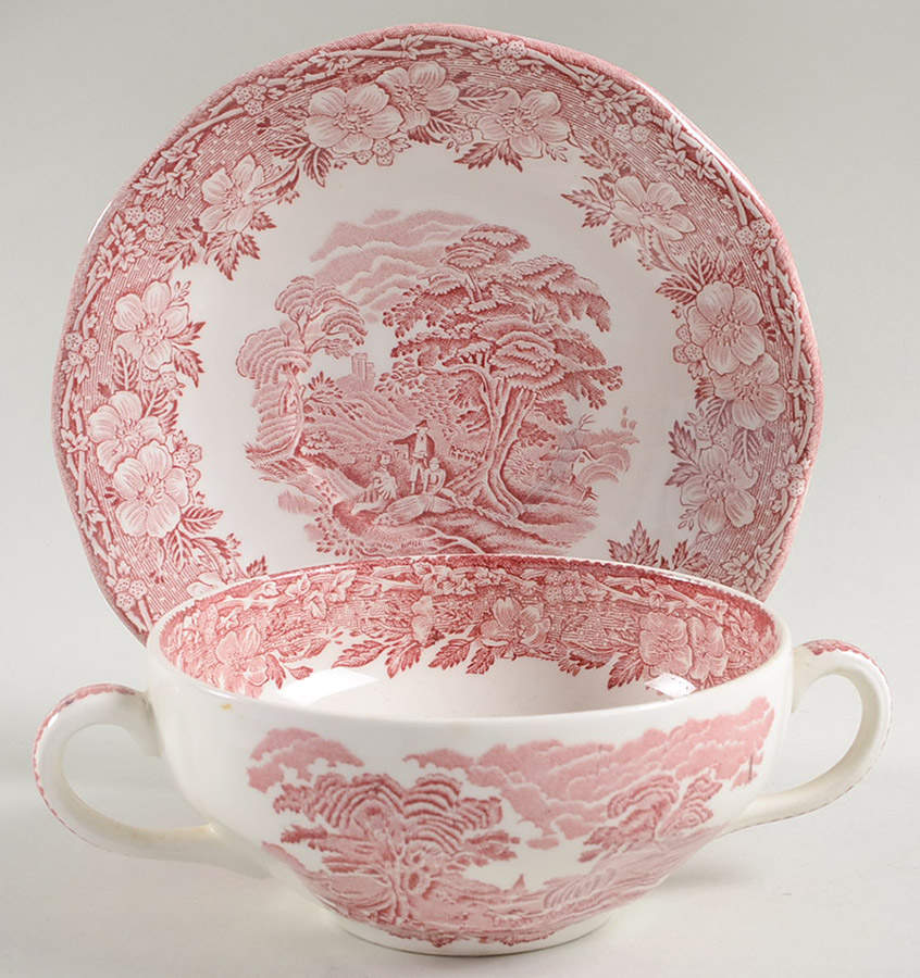 Woodland Pink (Enoch Backstamp) Flat Cream Soup Bowl & Saucer Set by Wedgwood-1