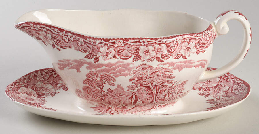 Woodland Pink (Enoch Backstamp) Gravy Boat with Attached Underplate by Wedgwood-1