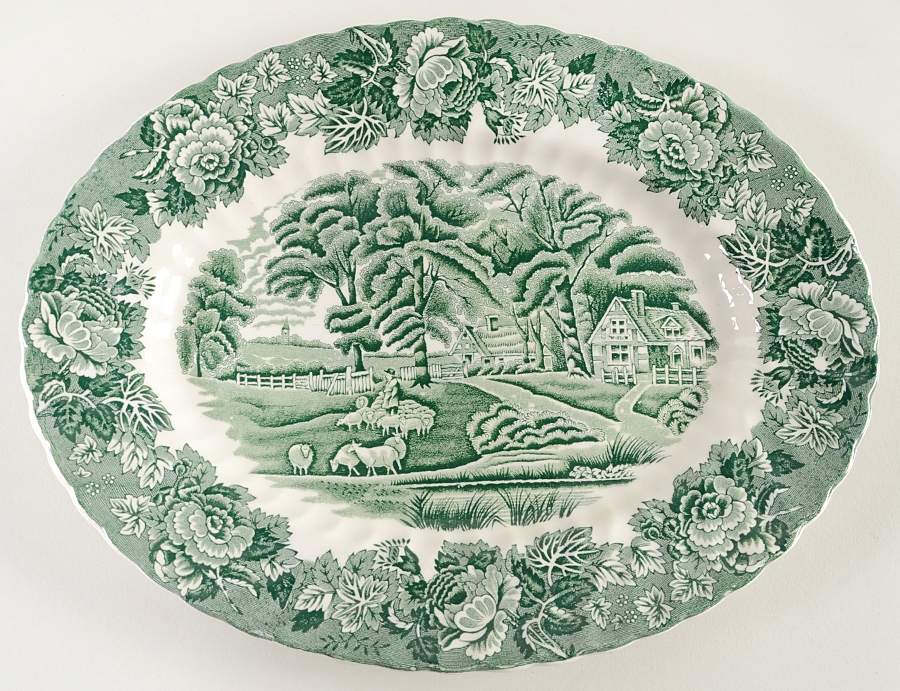 English Scenery Green (Scallop) 12" Oval Serving Platter by Wood & Sons-1