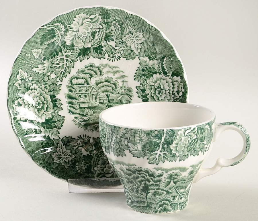 English Scenery Green (Scallop) Flat Cup & Saucer Set by Wood & Sons-1