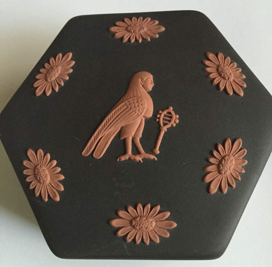 Terra Cotta on Black Jasperware Egyptian Hexagonal Box & Lid by Wedgwood-1