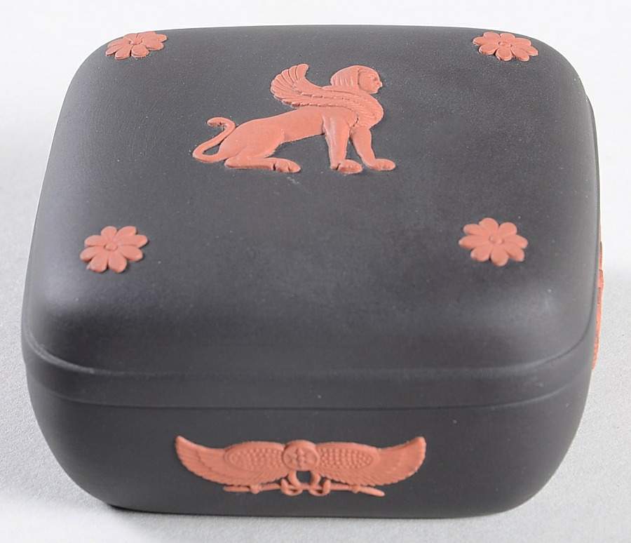 Terra Cotta on Black Jasperware Egyptian Square Box with Lid by Wedgwood-1
