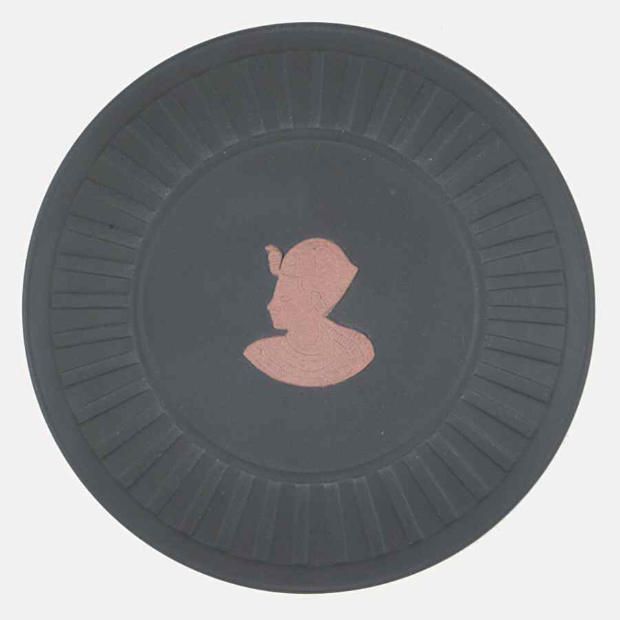 Terra Cotta on Black Jasperware Egyptian 4" Round Fluted Tray by Wedgwood-1