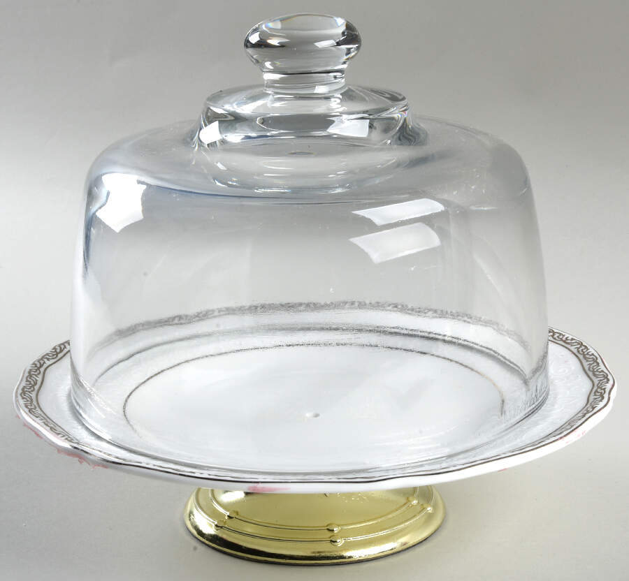 Queen's Lace 6 1/2"-7 1/2" Footed Cheese Plate w/ Glass Dome HC by Wedgwood-1
