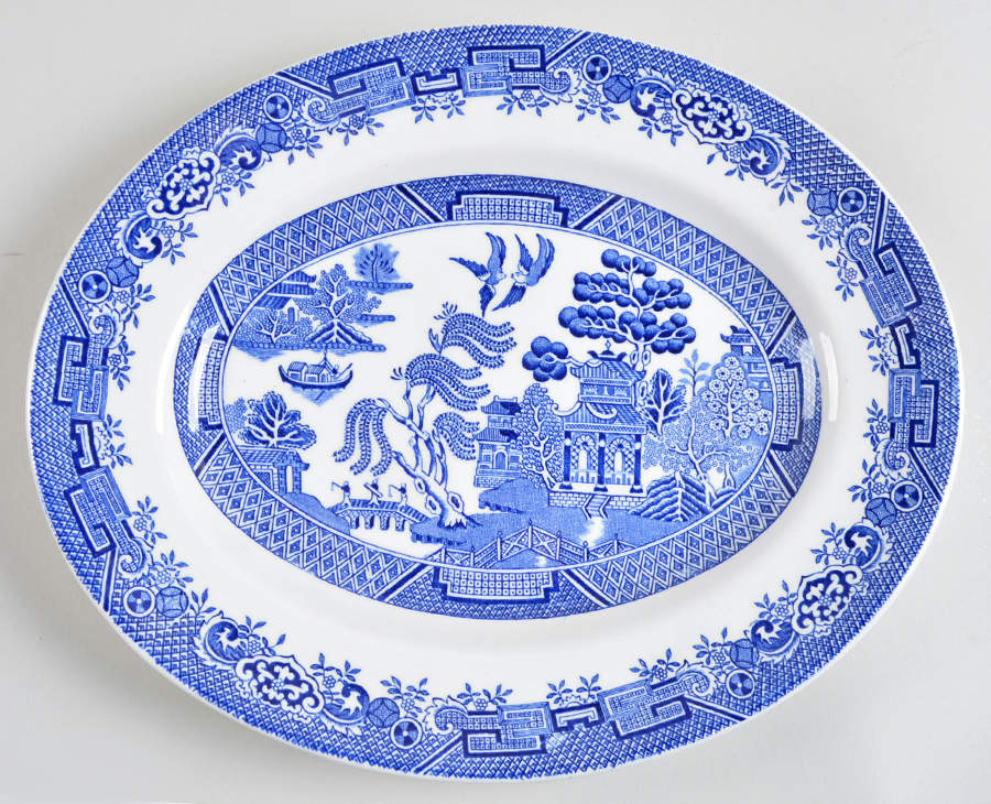 Blue Willow (Newer, Continental Shape) 12" Oval Serving Platter by Wood & Sons-1