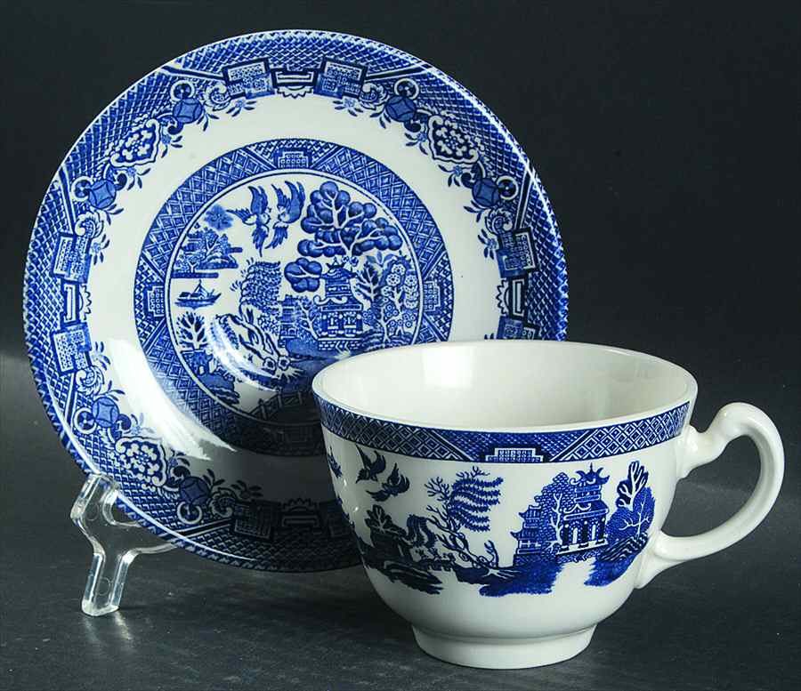 Blue Willow (Newer, Continental Shape) Flat Cup & Saucer Set by Wood & Sons-1