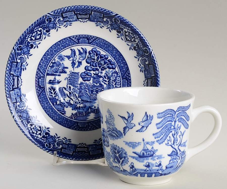 Blue Willow (Newer, Continental Shape) Flat Cup & Saucer Set by Wood & Sons-1