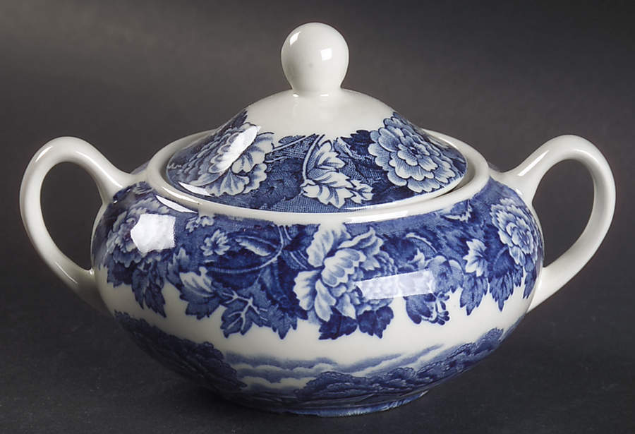 English Scenery Blue (Continental Shape) Sugar Bowl & Lid by Wood & Sons-1