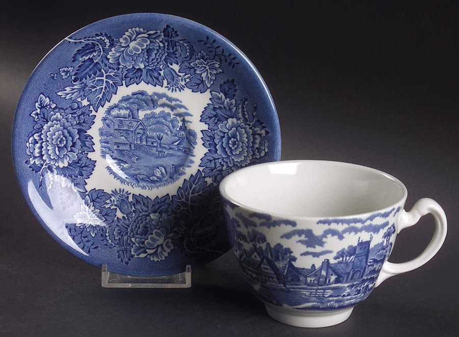 English Scenery Blue (Continental Shape) Flat Cup & Saucer Set by Wood & Sons-1