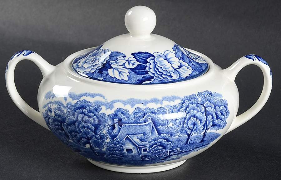 English Scenery Blue (Continental Shape) Sugar Bowl & Lid by Wood & Sons-1