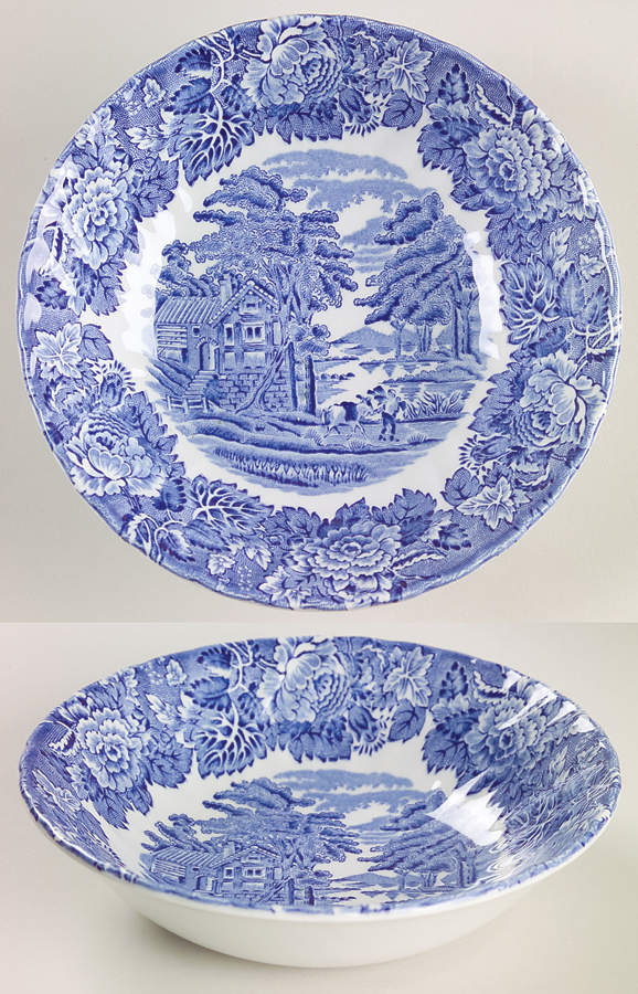 English Scenery Blue (Lion Backstamp, Swirl) Coupe Cereal Bowl by Wood & Sons-1