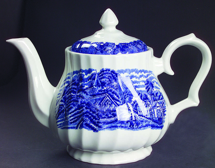 English Scenery Blue (Lion Backstamp, Swirl) Teapot & Lid by Wood & Sons-1