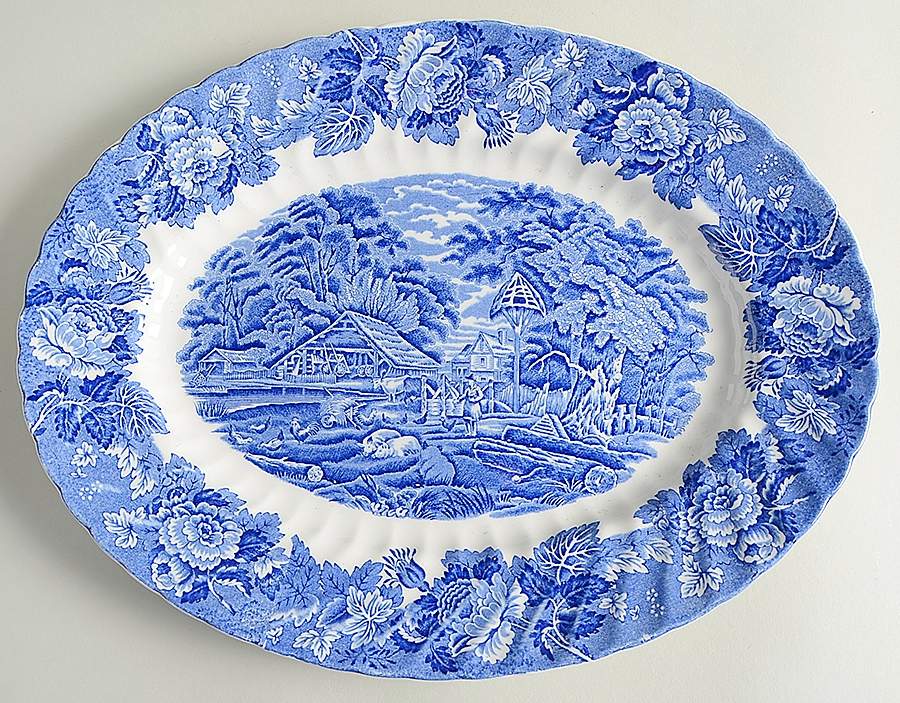 English Scenery Blue (Lion Backstamp, Swirl) 14" Oval Serving Platter by Wood & Sons-1