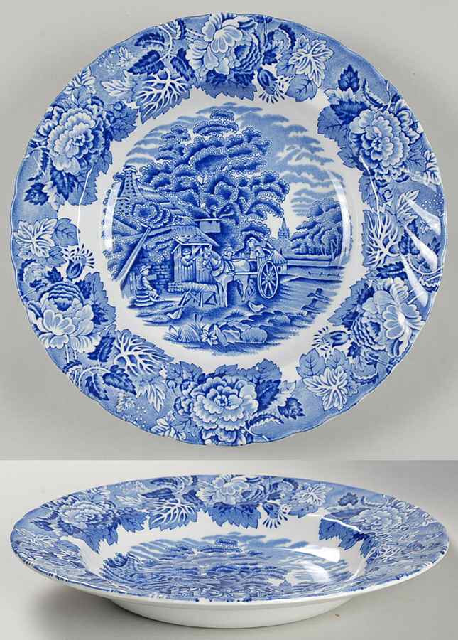 English Scenery Blue (Lion Backstamp, Swirl) Large Rim Soup Bowl by Wood & Sons-1