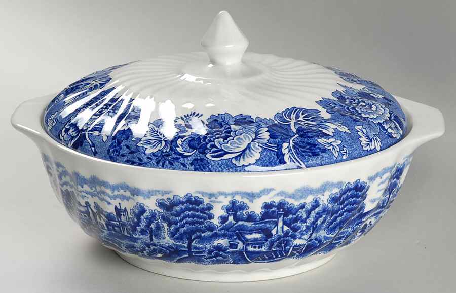 English Scenery Blue (Lion Backstamp, Swirl) Round Covered Vegetable by Wood & Sons-1