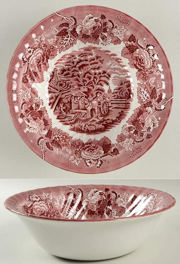 English Scenery Pink (Black Backstamp, Scallop) 9" Round Vegetable Bowl by Wood & Sons-1