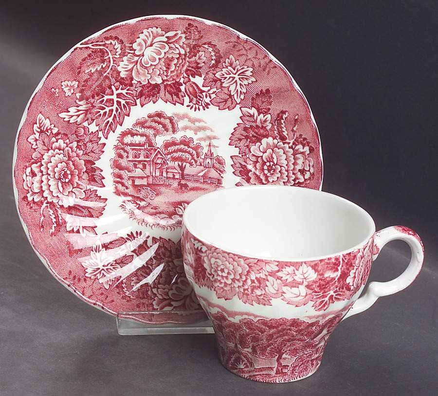 English Scenery Pink (Black Backstamp, Scallop) Flat Cup & Saucer Set by Wood & Sons-1