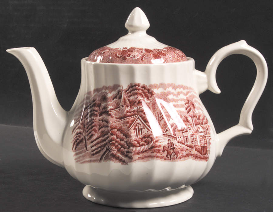 English Scenery Pink (Black Backstamp, Scallop) Teapot & Lid by Wood & Sons-1