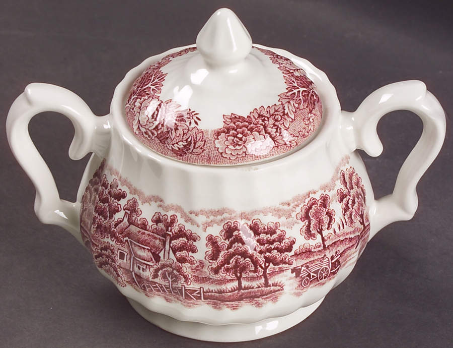English Scenery Pink (Black Backstamp, Scallop) Sugar Bowl & Lid by Wood & Sons-1