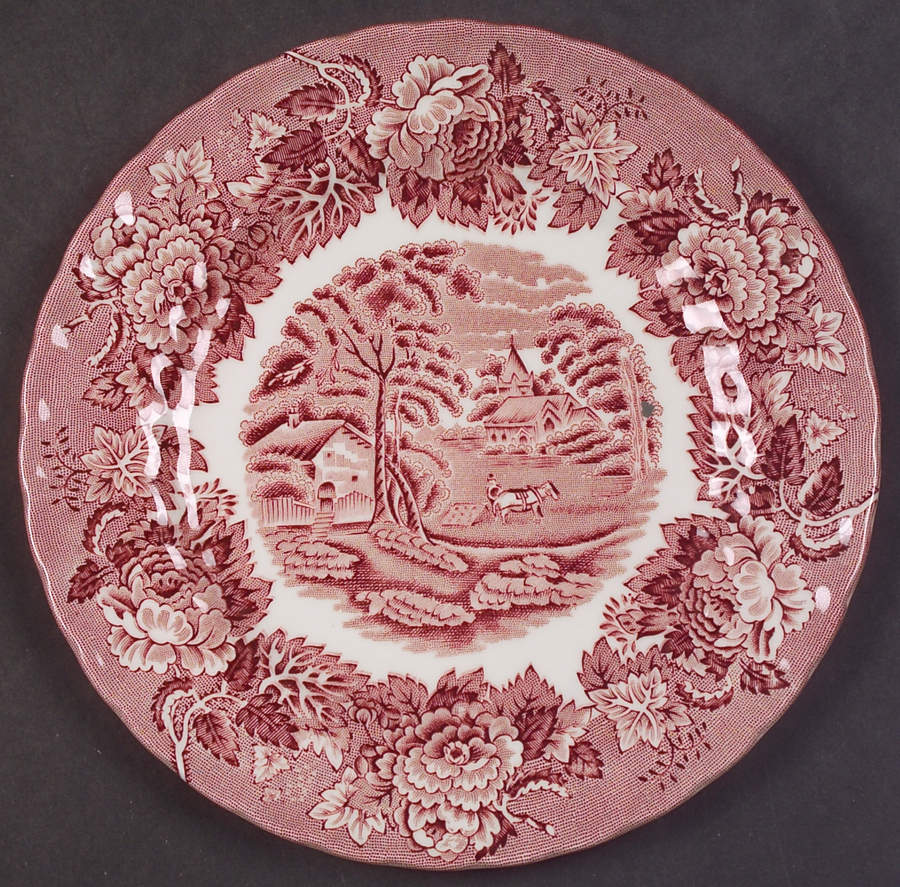 English Scenery Pink (Black Backstamp, Scallop) Bread & Butter Plate by Wood & Sons-1