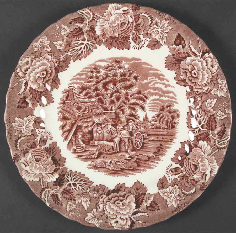 English Scenery Pink (Black Backstamp, Scallop) Dinner Plate by Wood & Sons-1