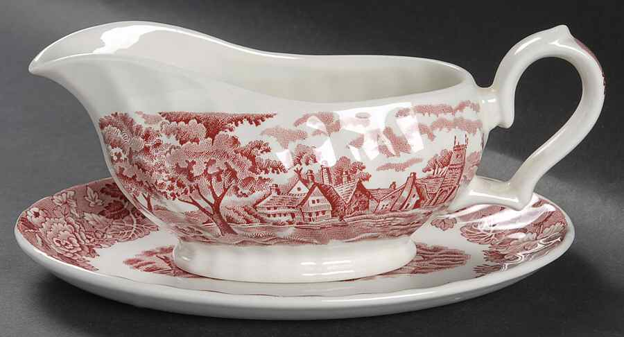 English Scenery Pink (Black Backstamp, Scallop) Gravy Boat & Underplate/Relish by Wood & Sons-1